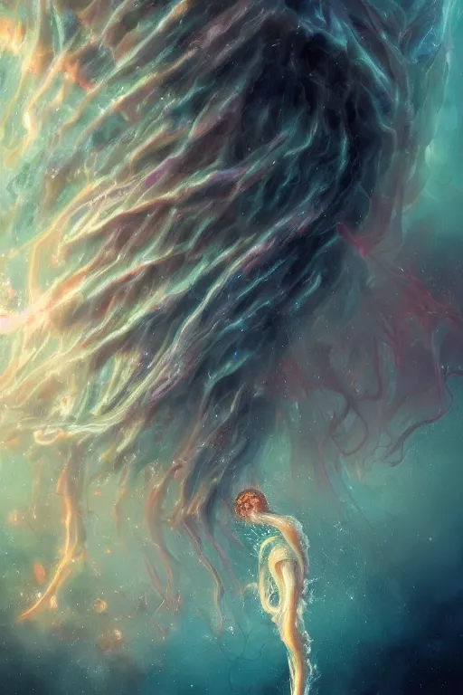 Image similar to a dancer marbled tornado jellyfish by artgem and greg rutkowski, highly detailed, high contrast, light reflection, trippy, nebula, trending on artstation