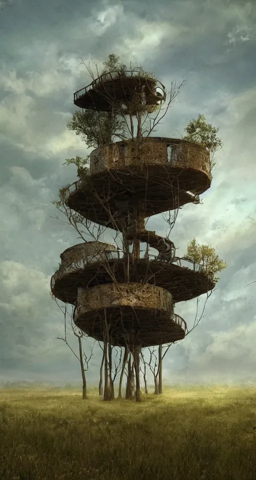 Image similar to tree - house on a rusty broken building constructions of a giant spiral upside - down staircase for multiple cases, leading to the sky, the ruins, in the steppe, summer field, misty background, from the game pathologic 2, highly detailed, sharp focus, matte painting, by isaac levitan and asher brown durand,