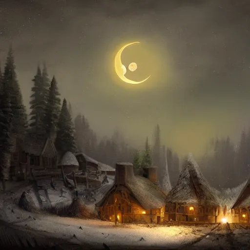 Prompt: a small medieval village next to a forest at night with the moon in the sky by noah bradley, matte painting, Artstation, snowy