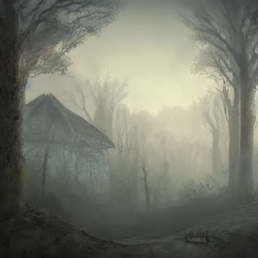 Image similar to village in the trees of a mysterious forest. mist. dusk. concept art. hyper detailed