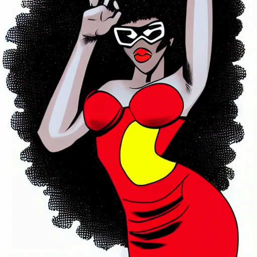 Prompt: nerdy black girl super hero , big red Afro , sexy red lips, tall and slim figured , black gown comic book style,
