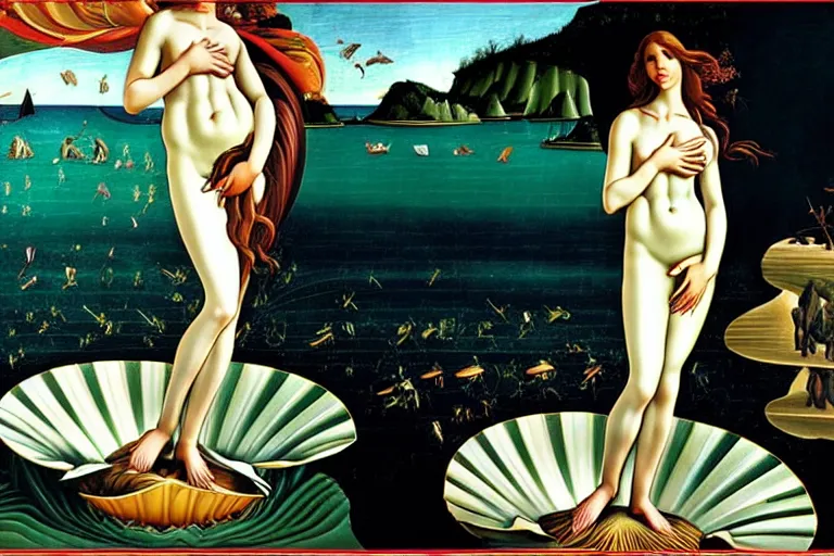 Prompt: Angelina Jolie as The Birth of Venus by Botticelli, highly detailed, trending on artstation, award winning, H 768