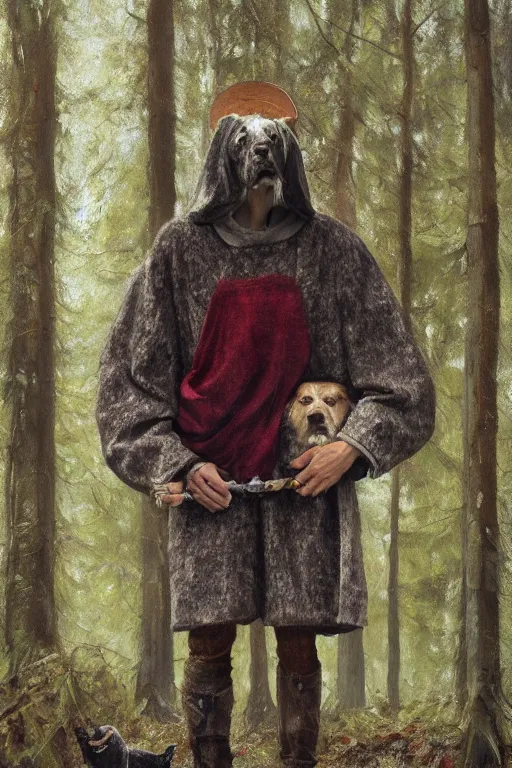 Image similar to slavic dog head man, woolen torso in medieval clothes, by whimmy artstation, walking in the forest, orthodox saint christopher, oil painting, concept art, hyperrealism, beautiful, high resolution, trending on artstation,