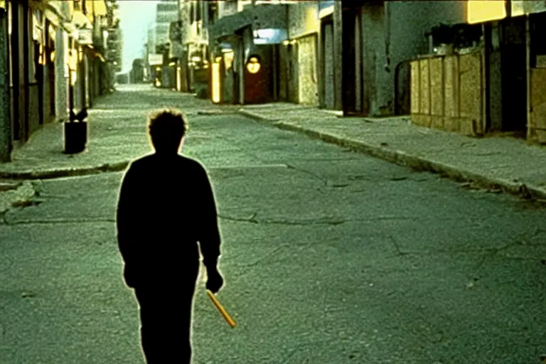 Prompt: old israeli street, todd solondz walking alone, smoking, clear face of todd solondz, black cat, vaporwave colors, state of melancholy, romantic, dimmed lights, realistic