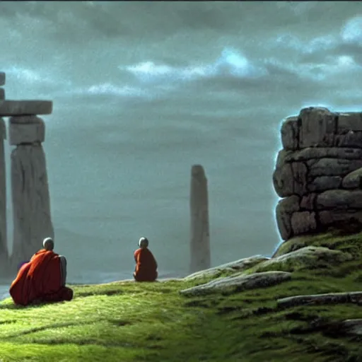 Image similar to movie still from princess mononoke ( 1 9 9 7 ) showing a highly detailed landscape with two monks praying with stonehenge in the background 1 9 8 0 s science fiction, 1 9 7 0 s science fiction, cyberpunk, moody, misty, depth perception, 4 k, artstation