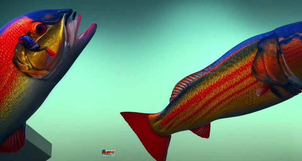 Image similar to a beautiful painting of a redfin perch, octane render, brilliantly coloured, intricate, ultra wide angle, trending on artstation, black light, volumetric lighting, ray lighting from top of frame, crepuscular ray lighting from above, dynamic lighting, muted colors, polished, micro details, ray tracing, 8 k