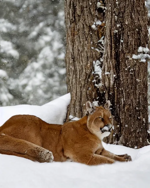 Prompt: postcard showing 'a cougar sleeping in the middle of snowy pine tree' laying on coffee table, zoomed out, HD, iphone screenshot