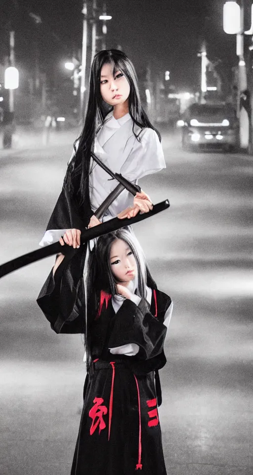 Image similar to sukebon delinquent girl holding a samurai sword threateningly, stubborn facial expression, full body shot, schoolgirl uniform with a very long skirt, professional photography, foggy night on a neon japanese city street