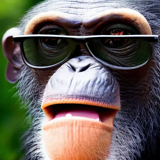 Prompt: high quality 8 k photo of a smiling happy and wise old chimpanzee wearing cool dark sunglasses looking up, ultra wide lens picture, detailed picture, cinematic composition, cinematic lighting, by edgar wright and david lynch