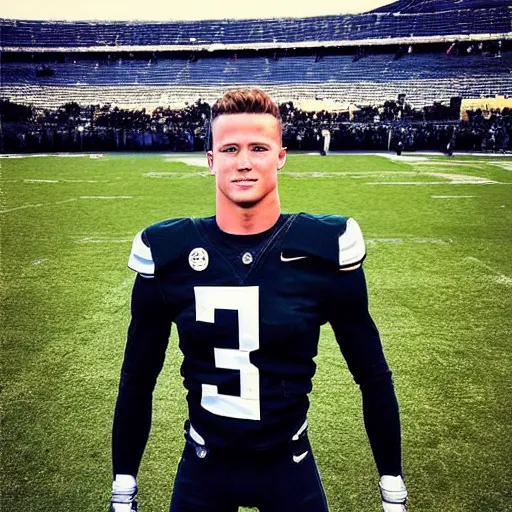 Image similar to “ a realistic detailed photo of a guy who is an attractive humanoid who is half robot and half humanoid, who is a male android, football player christian mccaffrey, shiny skin, posing like a statue, blank stare, on the field, on display ”