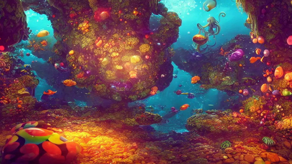 Image similar to Vivid ultra realist and ultra intricate detailed 3d render of an underwater environment with mermaids silhouettes, squids, ruins, translucid eggs, bubbles, elegant, reflections, focus, volumetric water, rainbow lighting, award winning, trending in cgsociety artstation deviant art, octane render, by Beeple