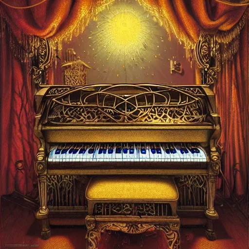 Prompt: award winning art by mark riddick, wlop, wallpaperflare, houdini, vfx, james gurney, dan luvisi, audrey kawasaki, tim hildebrandt, liam wong, aoi ogata, mao hamaguchi, thomas kinkade, ernst haeckel, very detailed 8 k illustration of a beautiful elton john play piano, concept art