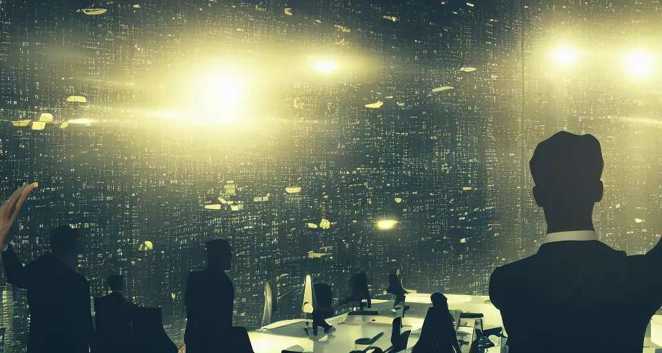 Image similar to Dramatic photo of a CEO waving goodbye in front of a group of silhouettes of his coworkers in a futuristic office. Golden coins are levitating all around them. 8k, high detail, trending on Artstation, volumetric lighting, cyberpunk