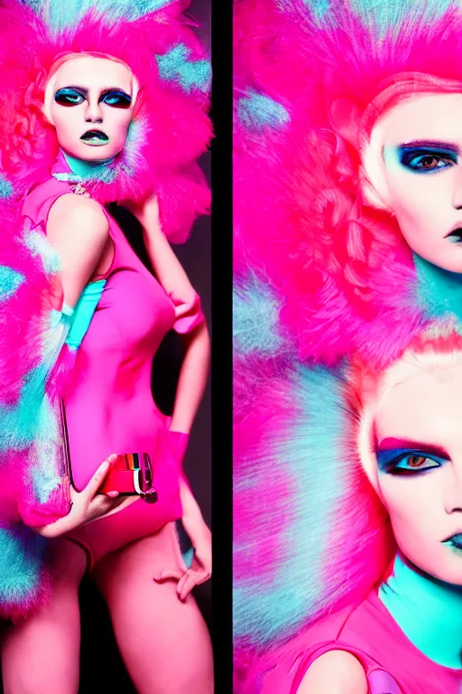 Image similar to realistic photoshooting for crazy fashion catwalk, couture, bright colors, vhs colour photography, fashion photography, vogue, 8 0 mm lens, 1. 2 aperture, cinematic light