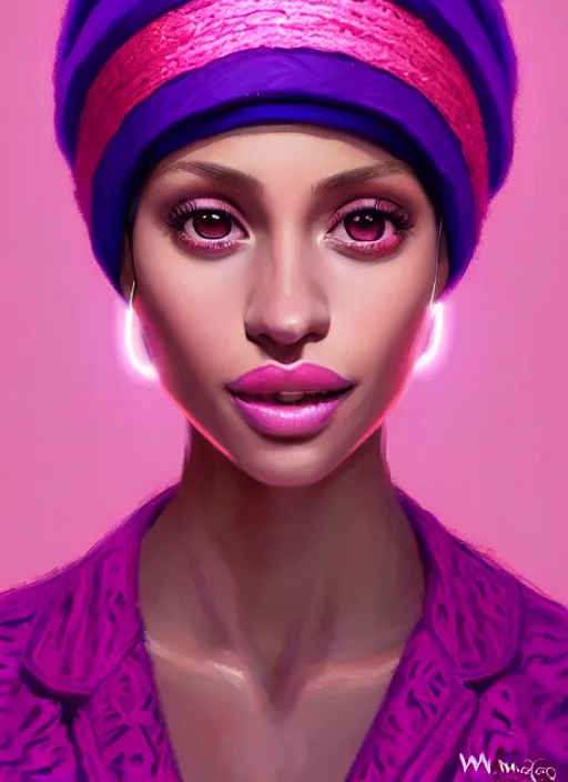 Image similar to portrait of vanessa morgan with bright pink hair, curly pixie cut hair, wearing a purple breton cap, breton cap, hoop earrings, intricate, elegant, glowing lights, highly detailed, digital painting, artstation, concept art, smooth, sharp focus, illustration, art by wlop, mars ravelo and greg rutkowski