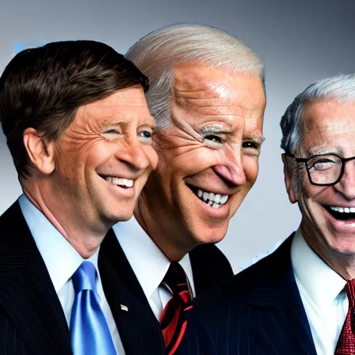 Image similar to stock photo of kim kardashian, joe biden, and bill gates wearing suits and ties laughing in an office building, 8k resolution, full HD, cinematic lighting, award winning, anatomically correct