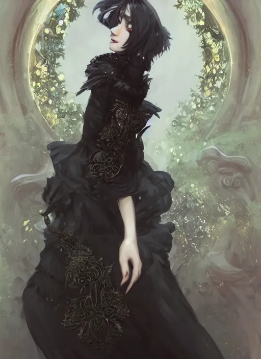 Image similar to wide angle beautiful full body portrait of a strong male anthropomorphic anthro border collie fursona wearing an ornate black dress and standing in a courtyard, character design by charlie bowater, henry asencio, and ross tran, furry art, furaffinity, beautiful, glamor pose, detailed, aesthetic, trending on artstation