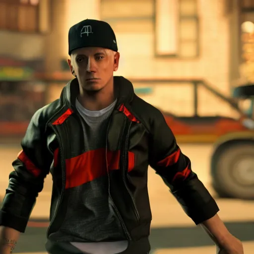 Prompt: a videogame still of Eminem in Tekken 7, 40mm lens, shallow depth of field, split lighting