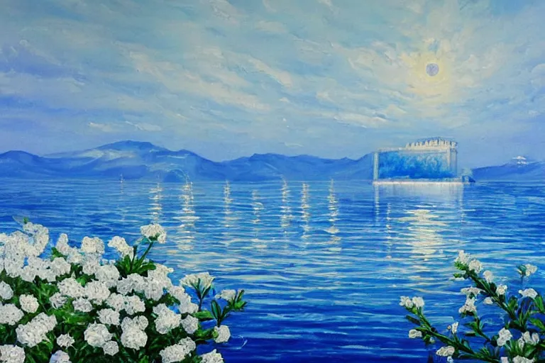 Image similar to a beautiful painting of there is a mysterious parthenon on the blue sea, full of holy white flowers