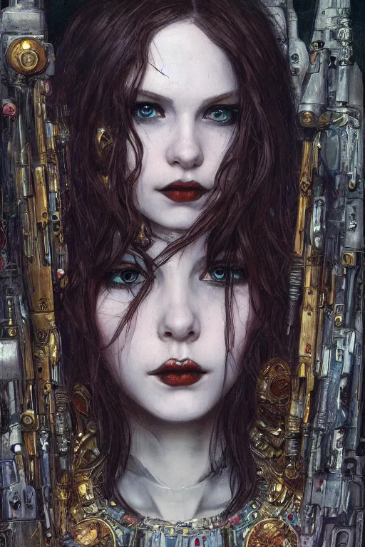 Image similar to portrait of beautiful young gothic maiden, cyberpunk, Warhammer, highly detailed, artstation, illustration, art by Gustav Klimt