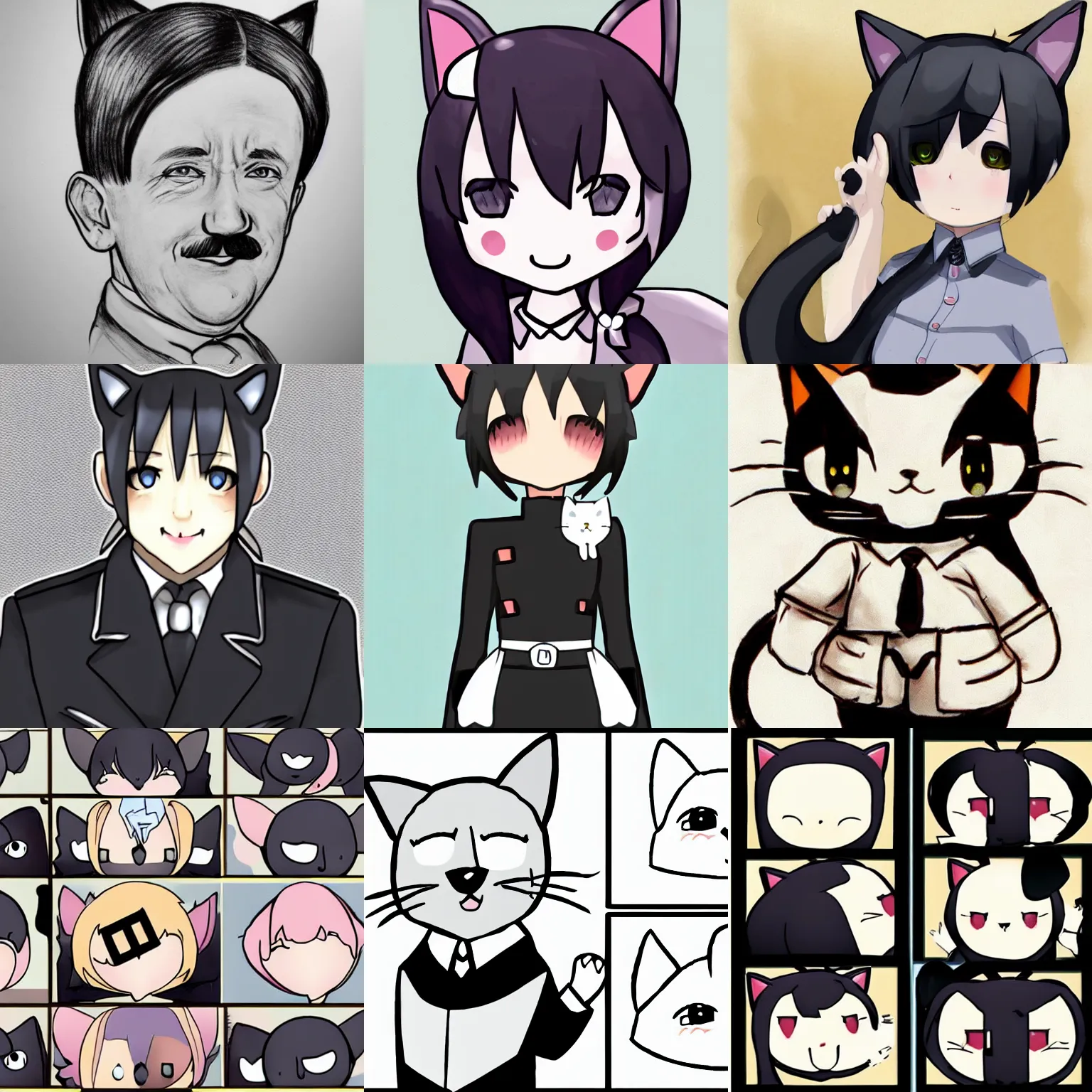 Prompt: cute hitler smiling, waifu, cat ears, drawing