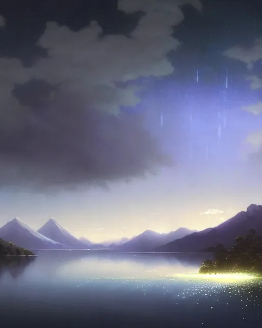 Image similar to a hyper realistic matte painting of the lake lake full of river lights, distant mountains, night sky ， clouds, by ohara koson and ivan aivazovsky and stephan martiniere, heavenly lighting, retrowave, 4 k hd wallpaper