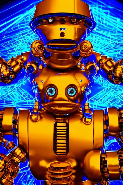 Image similar to portrait photo of a giant huge golden and blue metal humanoid steampunk robot keyboarder with multicolored big gears and tubes, a red piano, eyes are glowing red lightbulbs, shiny crisp finish, 3 d render, 8 k, insaneley detailed, fluorescent colors, background is multicolored lasershow