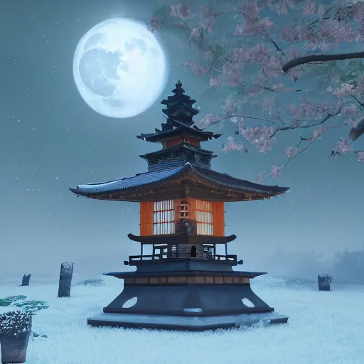Prompt: kitsune protecting a japanse shrine at night with the moonlight, Unreal Engine, Trending on Artstation