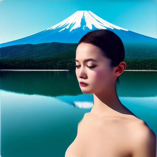 Prompt: a instax photo of fuji mountain, a beautiful girl in a transparent sheer fabric dress against the background of a lake, full body shot, perfect symmetrical body, perfect symmetrical face, coherent symmetrical eyes, hyperrealistic, hyperdetailed, octane render, 8 k