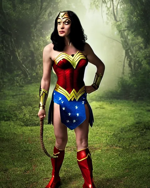 Image similar to Full body photos of a beautiful Chimpanzee dressed as Wonder Woman. Hyperreal, photorealistic, photography in the style of Annie Leibovitz