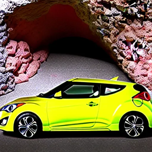 Prompt: a Hyundai Veloster in a cave made of candy