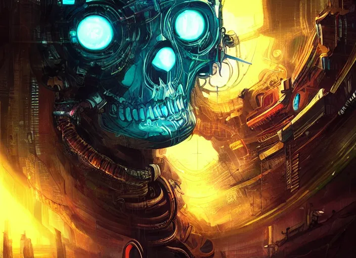 Image similar to a futuristic skull with glowing eyes and a wormhole tunnel, cyberpunk art by android jones