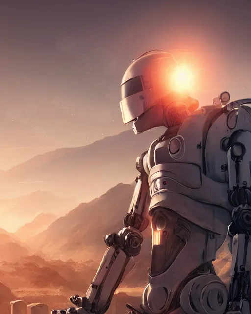 Image similar to friendly carrot cyborg, robocop, scifi farm, morning light, cinematic, mountains, epic design, atmosphere, welcoming smile, high quality, perfect, 8 k high detail, masterpiece, trending on artstation, by akihiko yoshida