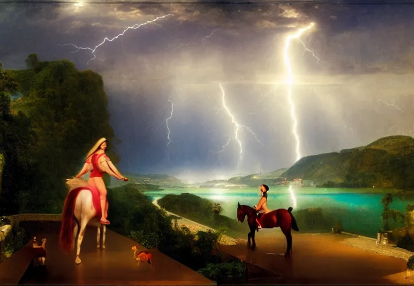 Image similar to Girl riding the horse on the palace bridge, refracted sparkles, thunderstorm, greek pool, beach and Tropical vegetation on the background major arcana sky, by paul delaroche, hyperrealistic 4k uhd, award-winning, very very very detailed