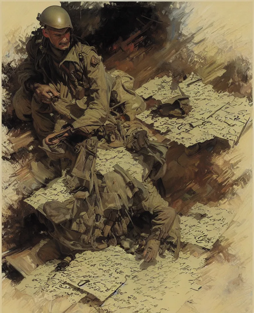 Image similar to a painting of lots of words in a hand written letter by a soldier in el alamein battle, war wwii, explosions, black and white, jeremy mann, alphonse mucha