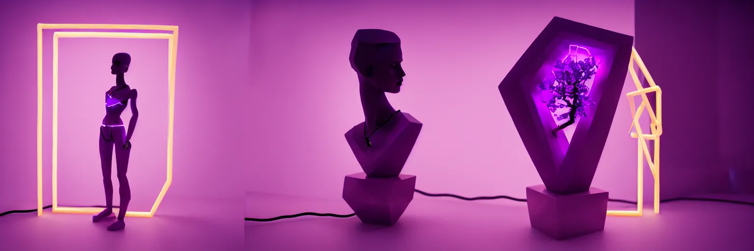 Image similar to beautiful mannequin sculpted out of amethyst by billelis + lit with geometric neon + kintsugi, facing a doorway opening with neon pink geometric light + gold geometric cubed bonsai trees, clean linework, dramatic, finely detailed, rule of thirds, moody, award winning, 4 k, trending on artstation, photorealistic, volumetric lighting, octane render