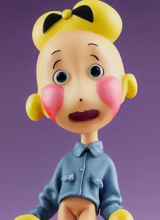 Prompt: a hyperrealistic lowbrow oil panting of a looney kawaii anime girl figurine caricature with a big dumb goofy grin and large pretty sparkling eyes featured on Wallace and Gromit by Studio Ghibli