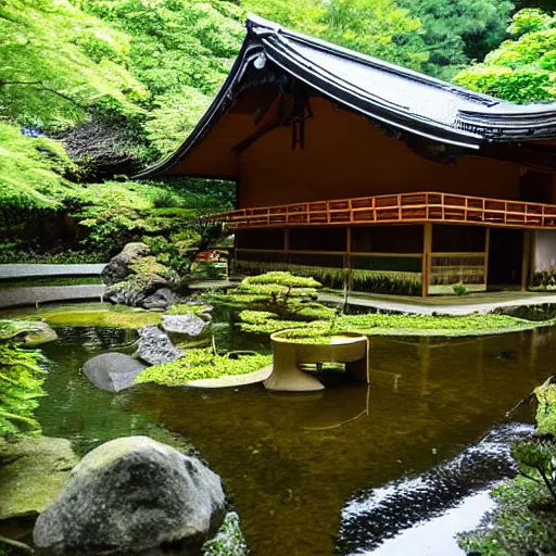 Prompt: inside a cozy dark wooden Japanese house with a indoor koi pond, bonsai trees, stream flowing through the house,fireflies, wild flowers, raining, bamboo forest, night time