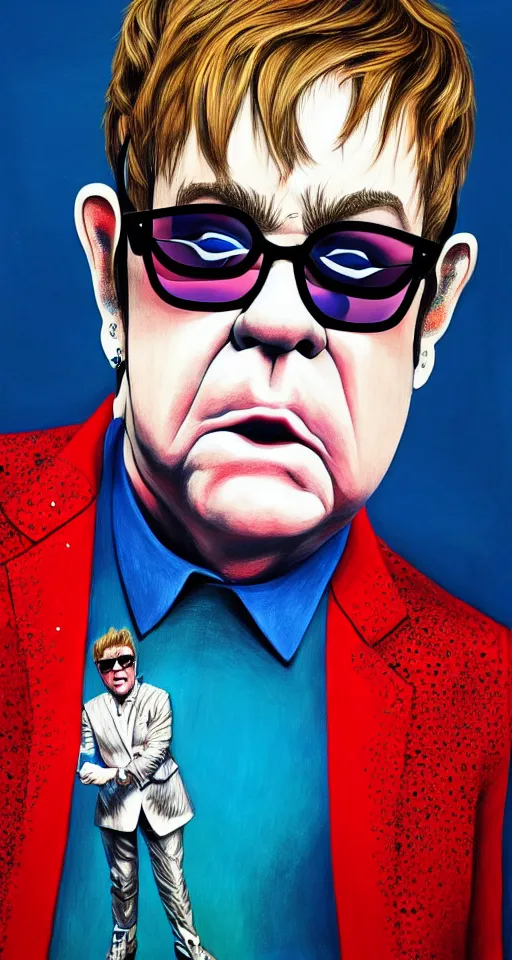 Image similar to a beautiful artwork illustration, detailed, elton john in a fist fight, subsurface scattering, realistic, featured on flickr, wide angle, vertical orientation, very coherent, cinematic, hyper realism, high detail, 8 k