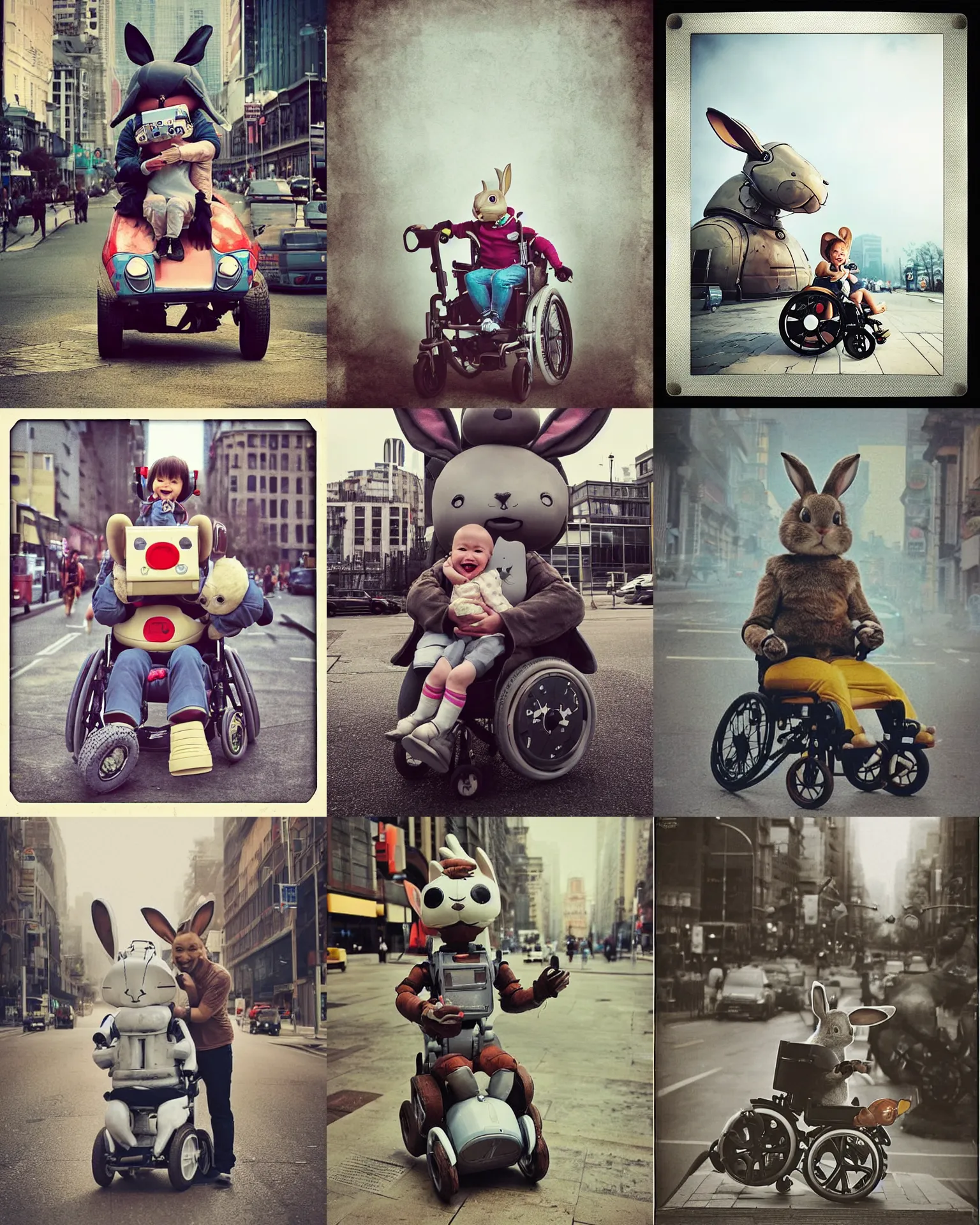 Prompt: cute! epic pose!!! giant oversized battle smiling rabbit robot chubby mech baby sport wheelchair! double decker with giant oversized ears and smiling rabbit babies in sitting pose ,in busy city , full body , Cinematic focus, Polaroid photo, vintage , neutral dull colors, soft lights, foggy mist , by oleg oprisco , by national archives, by discovery channel, by victor enrich , by gregory crewdson