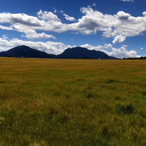 Prompt: clean grassland, mountains in the distance, clouds in the sky