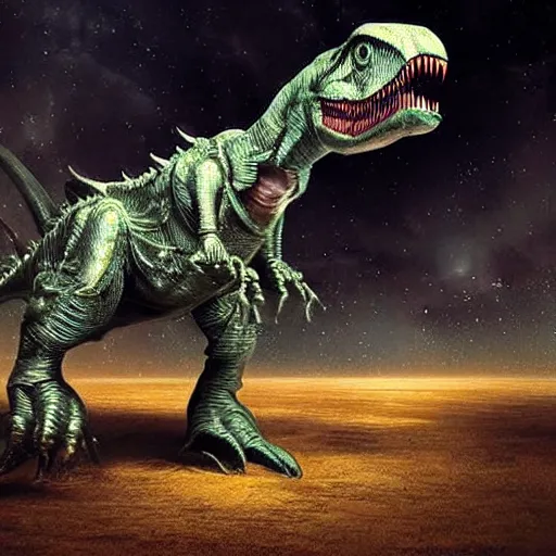 Prompt: an alien taking form of a metallic t-rex, sci-fi art, stunning, gorgeous, epic, much detailed, much wow, masterpiece