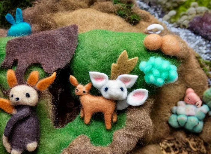 Image similar to high - res photograph of a felt sculpture diorama with cute fluffy forest critters, highly detailed sculpey diorama, forest setting, waterfall backdrop, realistic materials, wood, felt, cloth, burlap, smooth, sharp foccus, commercial product photography,