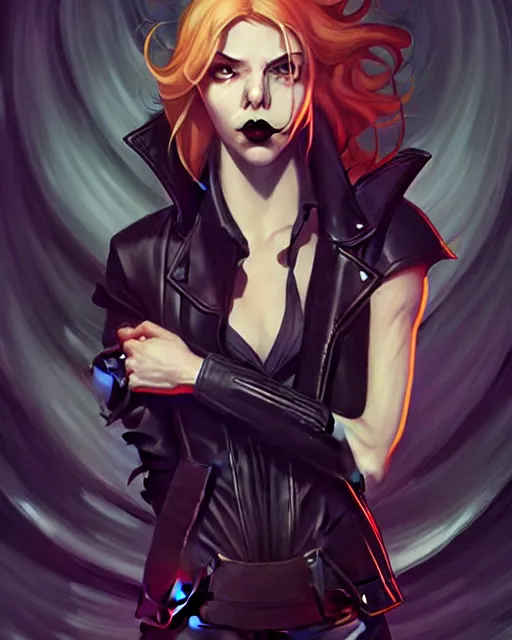 Image similar to rafael albuquerque comic art, art nouveau, peter mohrbacher, artgerm, pretty anya taylor - joy vampire sharp vampire teeth open mouth, black leather jacket, jeans, long blonde hair, full body