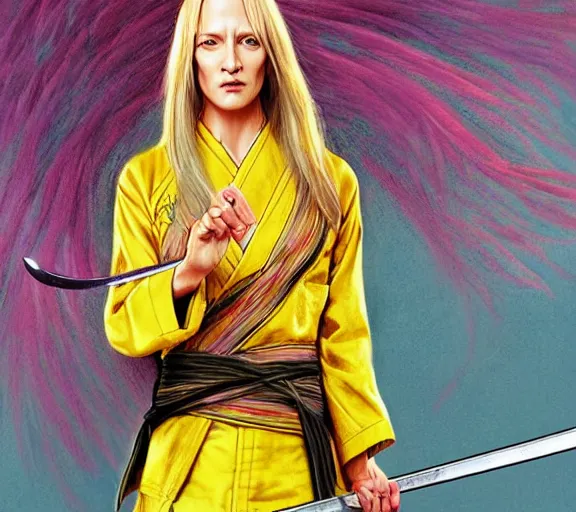 Prompt: breathtaking detailed pattern pastel colors, cinematic action scene from kill bill, with uma thurman in yellow kimono, swinging katana sword by wlop and artgerm, exquisite detail, enhanced eye detail