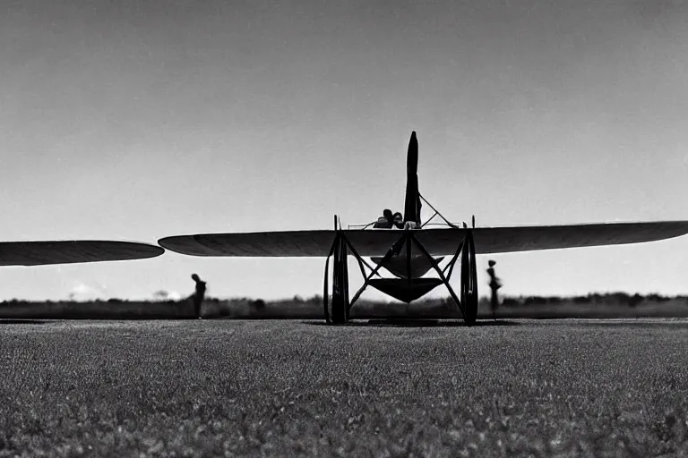 Image similar to still photo of the wright brothers taking off an airplane for the first time, black and white color photograph, highly detailed, photorealistic shot, bright studio setting, studio lighting, crisp quality and light reflections, unreal engine 5 quality render