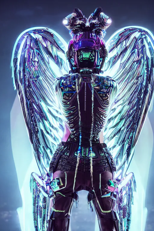 Image similar to full body cyber punk angel, 6 wings, armor, energy, intricate neon colors cinematic lighting, realistic photorealistic, extreme detail, octane render, art station trending, unreal engine 8k, 4k, ultra detail, ultra realistic hyper realistic, highly detailed, lights and smoke smog effects, intricate neon colors with bright and dark colors, ornate details, hyperrealism, intricate chrome colors.
