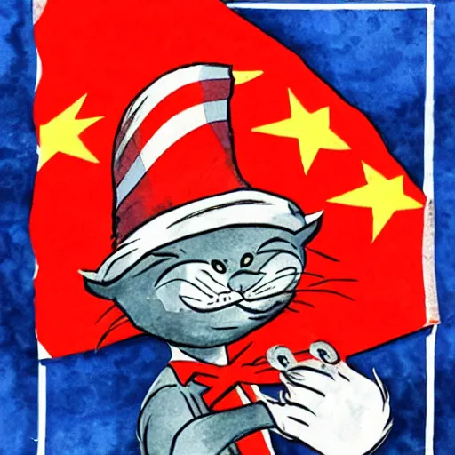 Prompt: the cat in the hat holding a communist flag, hammer and sickle, detailed, watercolor, in the style of dr. seuss, dr. seuss, zany