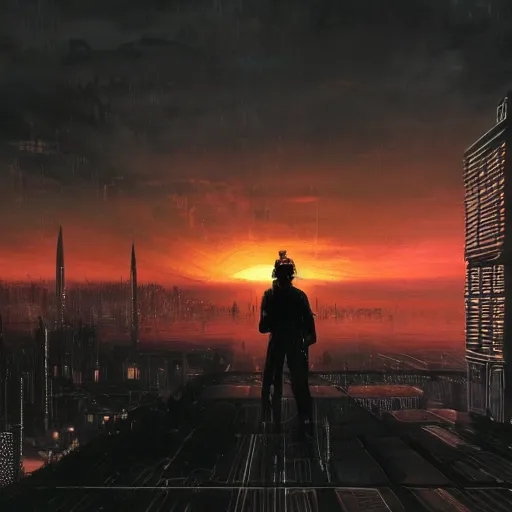 Image similar to wanderer with night vision goggles, dramatic light, sunset, cyberpunk city in the background, gorgeous view, depth, painted by Caspar David Friedrich, clouds, tending on artstation