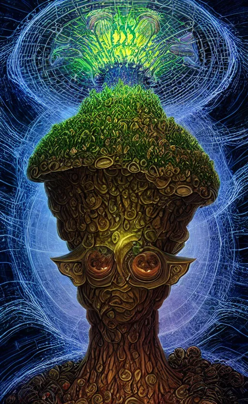 Image similar to enormous mushroom man deity of the stars resides inside void manifold, mycelium forms quantum foam, fractal of scary dirac equations, portrait by ross tran, timeline nexus, ascending universes, a dnd illustration of esoteric concept by cgsociety and james gurney, artstation, hdr, rtx, iridescent wise mushroom deity